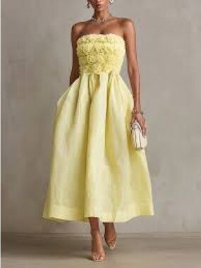 Strapless Yellow Floral Bodice Midi Dress with Pockets